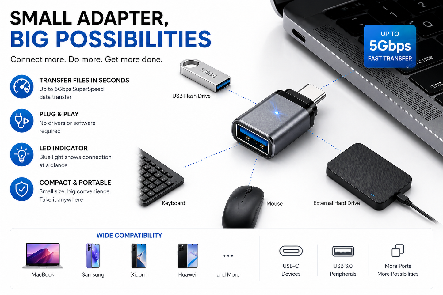 Adaptador OTG USB-C a USB 3.0 con Luz Indicadora LED – Compatible con MacBook, Samsung, Xiaomi, Huawei y más