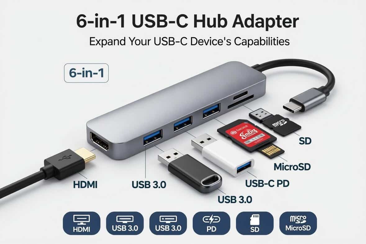 Hub USB-C 6 en 1 con HDMI 4K | Carga Rápida y Multiconexión para MacBook, iPad y Laptop