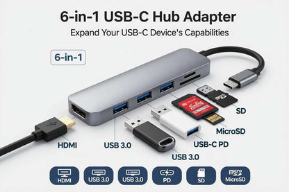 Hub USB-C 6 en 1 con HDMI 4K | Carga Rápida y Multiconexión para MacBook, iPad y Laptop