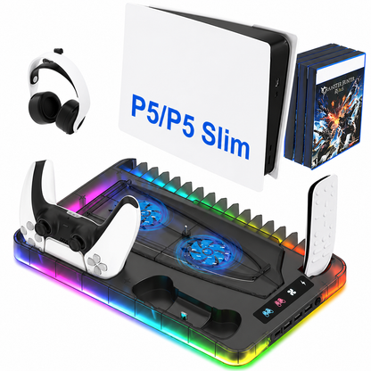 Base Refrigerada para PS5 con Cargador Dual de Mandos y Soporte para Auriculares