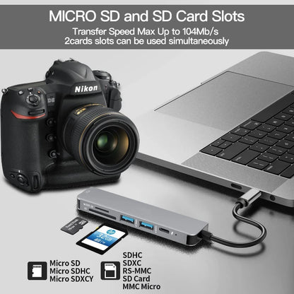Hub USB-C 6 en 1 con HDMI 4K | Carga Rápida y Multiconexión para MacBook, iPad y Laptop