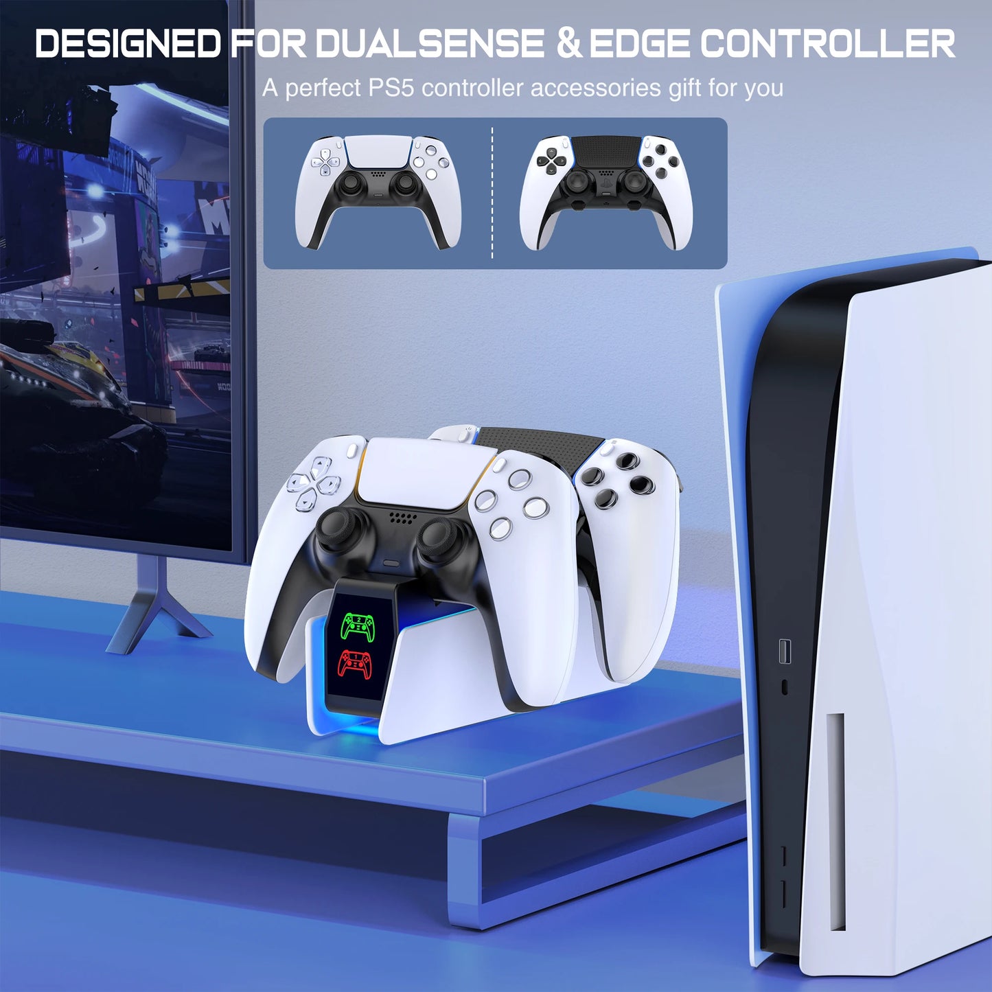 Cargador Doble RGB para Mandos PS5 – Base de Carga Rápida