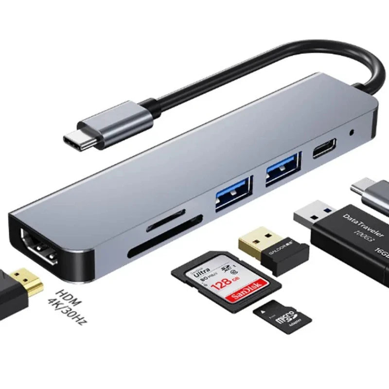 Hub USB-C 6 en 1 con HDMI 4K | Carga Rápida y Multiconexión para MacBook, iPad y Laptop