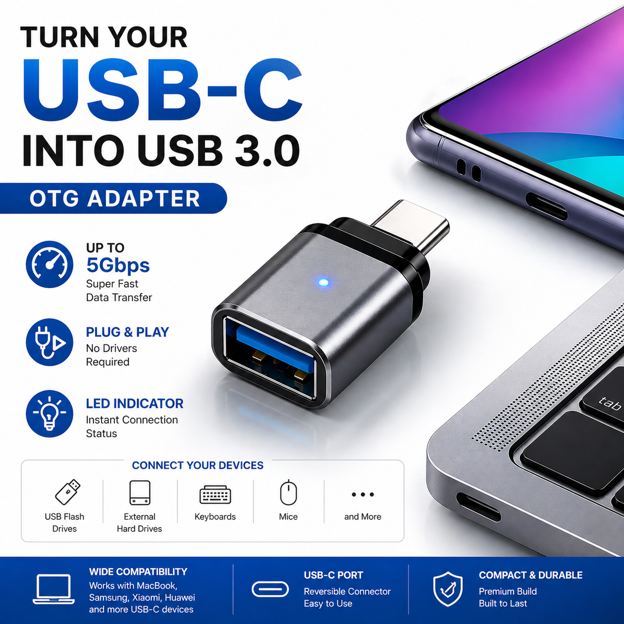 Adaptador OTG USB-C a USB 3.0 con Luz Indicadora LED – Compatible con MacBook, Samsung, Xiaomi, Huawei y más