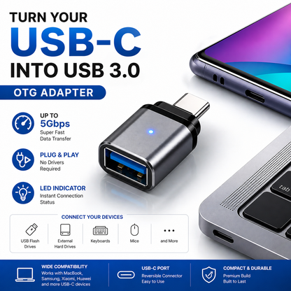 Adaptador OTG USB-C a USB 3.0 con Luz Indicadora LED – Compatible con MacBook, Samsung, Xiaomi, Huawei y más